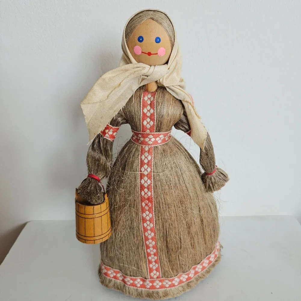 Vintage Russian folk art horse hair dolls, lot of 2